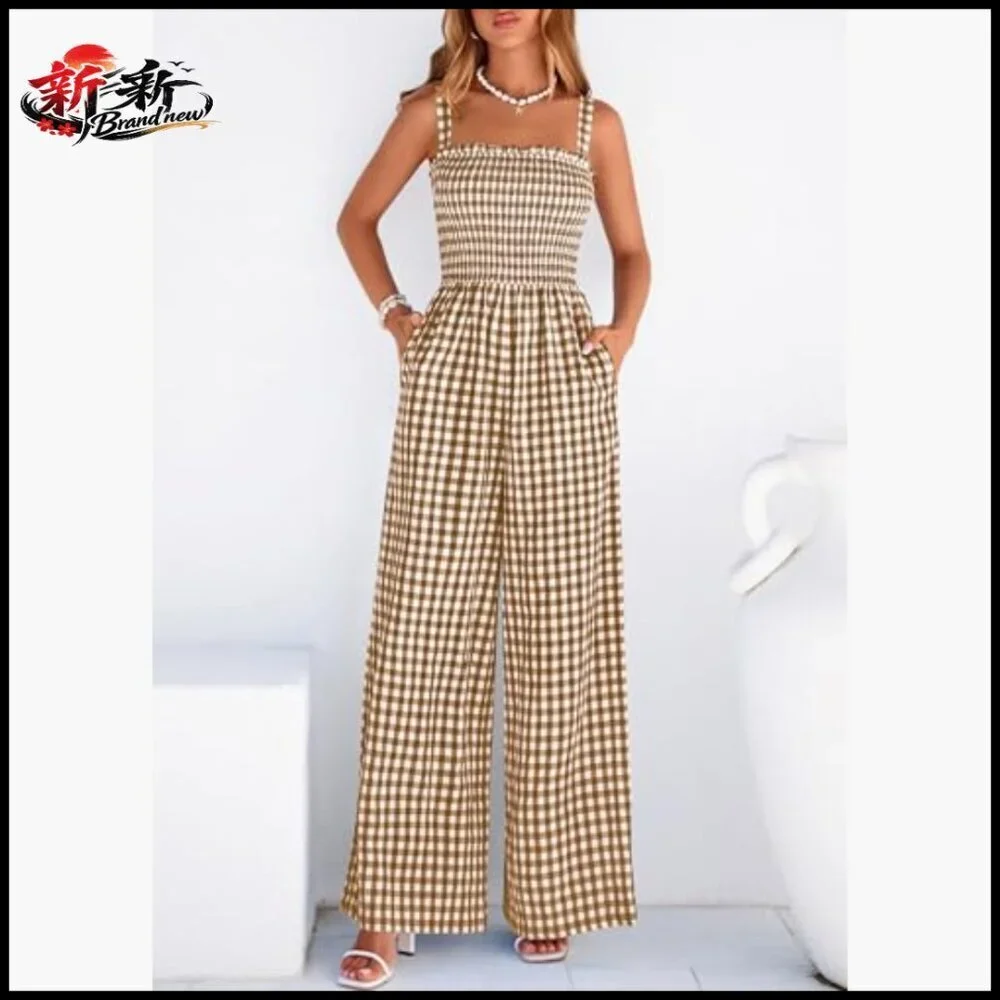Smocked Wide Leg Gingham Romper, Square Neck, Sleeveless, Pull On